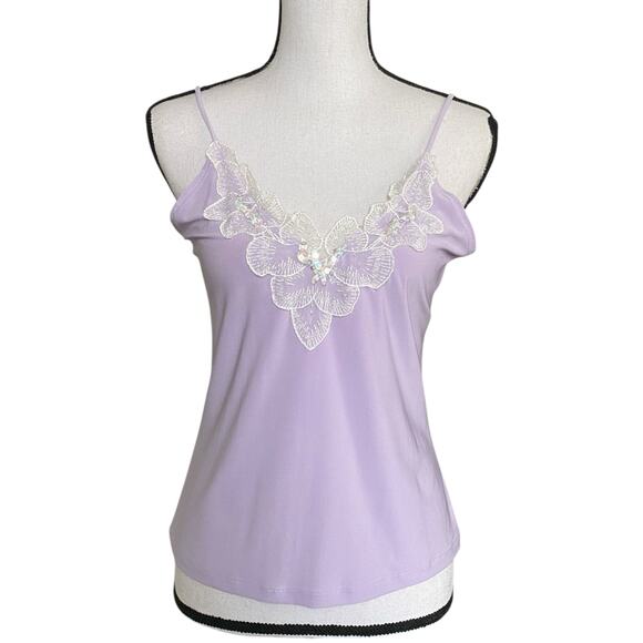 Y2k Lace Trim Cami top Sz M Lavender Stretch Fabric V Neckline Spaghetti Straps - Picture 1 of 12